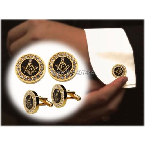 2PCS Free Shipping USA UK Canada Russia Brazil Hot Sales Golden Two-Tone Stainless Steel Masonic Mens CuffLinks Cubic Zirconia