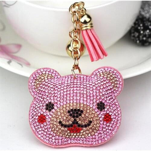 2018 Lovely Bear Head Keychain Female Cute Girl Key Chains Key Covers the Rhine stone Mosaic leather fringed key cap gift