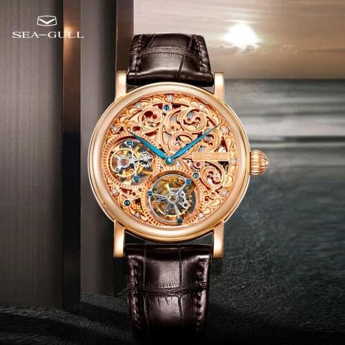 Seagull Watch Luxury Brand Double Tourbillon Manual Mechanical Watch Skull Watch Alligator Leather Strap 18K Gold ST8080GKA