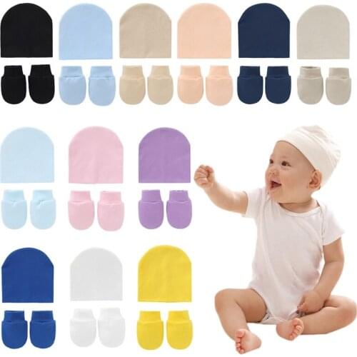 Baby Newborn Face Protection Scratch Mittens Warm Cap Kit Infants Anti Scratching Knitted Cotton Gloves+Hat Set