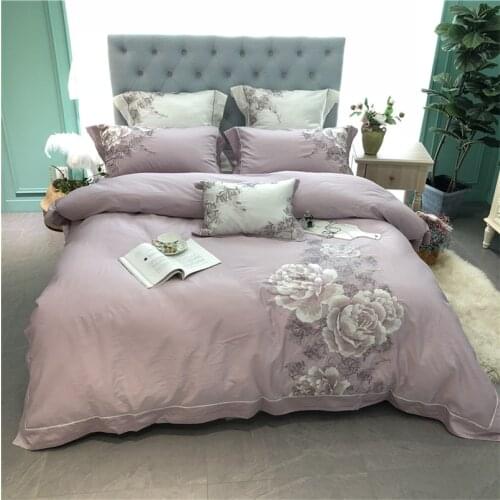 80S Egyptian cotton Light purple Luxury classical Flower Embroidery Bedding Set Duvet Cover Bed sheet Bed Linen Pillowcases 4pcs