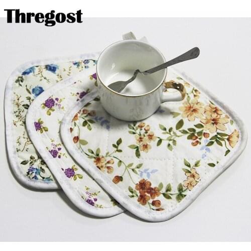 Square Polyester Cotton Table Mats Pastoral Floral Print Holder Mat Kitchen Heat Non-slip Resistant Table Pads Home Decor