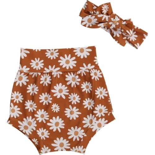 2020 Summer Toddler Girls Sweet Floral Print Breathable Elastic High Waist Shorts + Headband Set Baby Daily Diaper Cover