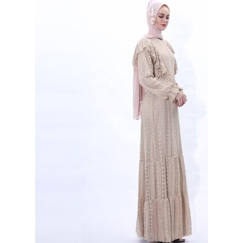 Donsignet Muslim Dress Muslim Fashion Lace Long Dress Muslim Women Lotus Leaf Sleeve Robe Abaya Dubai Muslim Dress Women