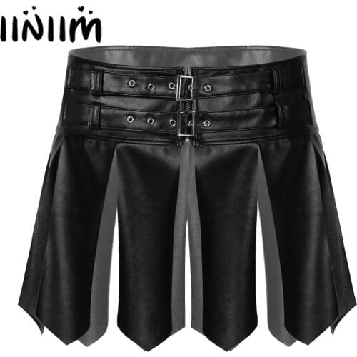 Mens Lingerie Faux Leather Tassel Skirt Halloween Fancy Dress Ball Cosplay Costume Adjustable Buckle Zipper Waistband Miniskirt