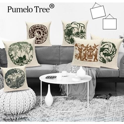 Cushion Cover Animal Tiger New Year Painting Fish Pillows Decorate Decorative for Sofa Throw Linen Cushions for Living Room