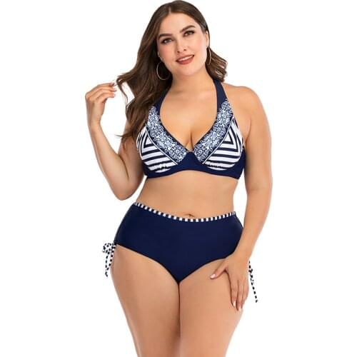 New 2020 Thick Women Swimsuit Plunging Bikini Set Big Breast Backless Swimwear Halter Beach Wear Biquinis Bathing Suit 4XL