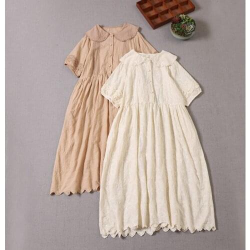 New Summer Women Dress Mori Girl Embroidered Cotton Cute Peter Pan Collar Loose Midi Dress Women