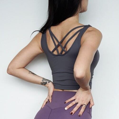 Tight Quick-drying Yoga Tank Top Womens Back Cross Hollow Running Vest Inner Push Up Sleeveless Vest With Chest Pad Gym Clothes