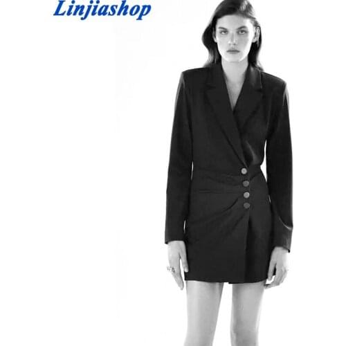 Spring Summer women mini dress black notched solid elegant fold casual slim high waist chic vestidos