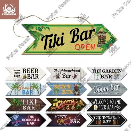 Putuo Decor Bar Arrow Wooden Sign Wood Wall Plaque Wood Tiki Bar Plaque for Bar Wall Decoration Indicator Hanging Irregular Sign