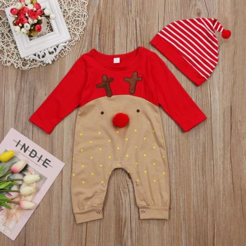 Pudcoco Newborn Baby Boy Girl Clothes Christmas Romper Christmas Patchwork Print Long Sleeve O-neck Romper Stiped Hat 2Pcs Set