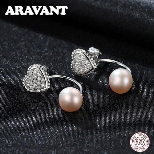 925 Sterling Silver Fashion Heart AAA Zircon Pearl Stud Earrings For Women Silver Jewelry White Pink Purple