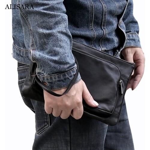 Alisara Male Clutch Bags First Layer Cow Leather High Quality Men Business Casual ipad Hand Bag Cell Phone Storage Pouch