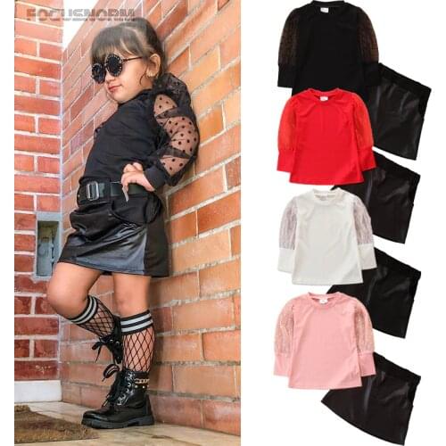 FOCUSNORM 1-6Y Autumn Winter Girls Fashion Clothes Sets Puff Sleeve Solid Knit Tops Leather A-line Skirts 4 Colors