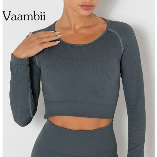 Ribbed Yoga Crop Top Long Sleeve Fitness Shirts Seamless Sports Shirt Knitted Blouses Workout Tops For Women Gym Clothing