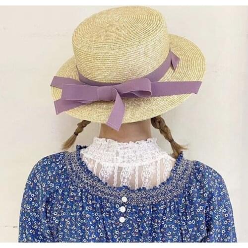 2021 New Fashion Women short Wide Brim Straw Hat Puple Lace Up Boater Hat Bowknot Band Summer Beach Hat Ladies Derby HolidayHat