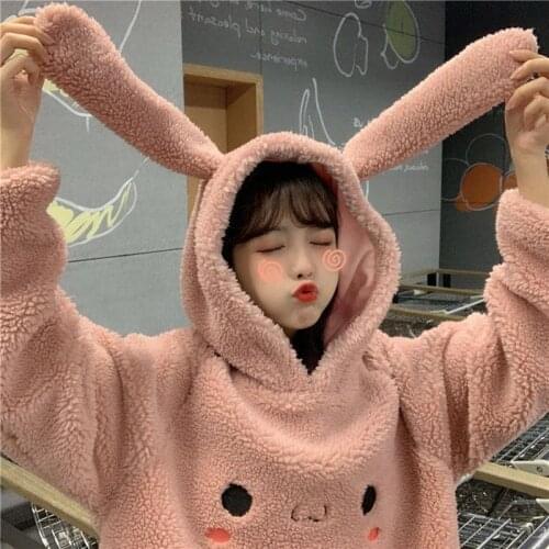 Sweet Rabbit Ears Hooded Sweatshirt Women Harajuku Hoodies Loose Embroidery Cartoon Pullovers