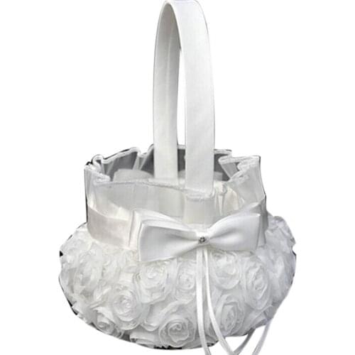 Wedding Ceremony Party Love Case Satin Bowknot Rose Flower Girl Basket for Girl Wedding Party Supplies Candy Gift Container