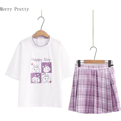 Women Dress Sets Short Sleeve O-neck Cotton T Shirt And Hight Waist Plaid Pleated Mini Skirts 2021 Summer Matching 2 Pieces Set