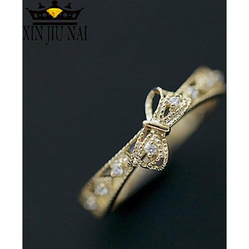 New Cute Bowknot 925 Silver Ring Of Mosaic Diamond Cute Korean Edition Style 18K Gold Elegant Mini Cute Bow, Tie Ladies Ring