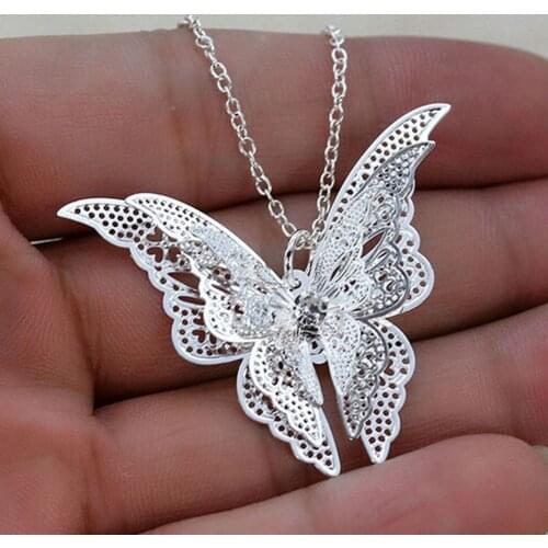 Elegant Women Hollow Out Butterfly Pendant Necklace Silver Plated Long Chain Necklaces Collier Sautoir Fashion Jewelry Gift