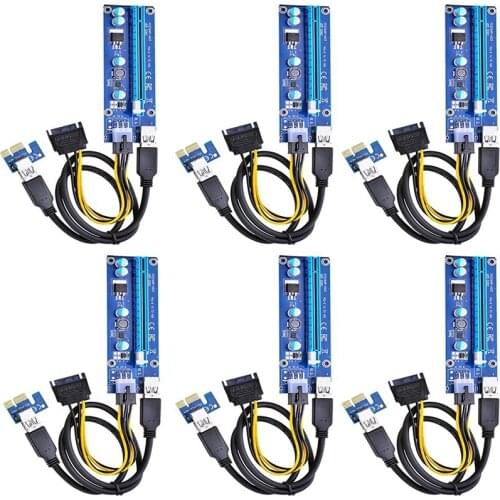 6-Pack 6-Pin PCIe PCI-E Express 1X to 16X Riser Card with 6 Pin PCI-E to 15 Pin SATA Power Cable and 60cm USB 3.0 Cable