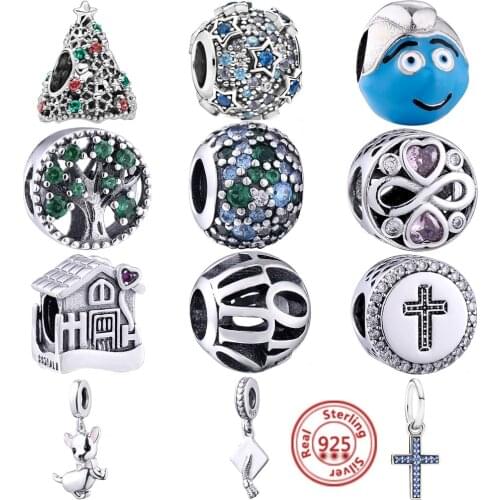 925 Sterling Silver Bead Zirconia Sparkling Gold Charms ​Fit Original Pandora Cross Life Tree Blue Bracelet DIY Women Jewelry