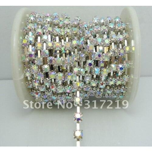 Crystal stones beads cup chain,SS10 Silver base,Crystal AB Color 10yards/roll/lot Wholesale/retail Free shipping