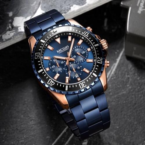 MEGIR Luxury Brand Mens Watches Blue Stainless Steel Band Business Quartz Watch Men Chronograph Army Military Wrist Watch Man