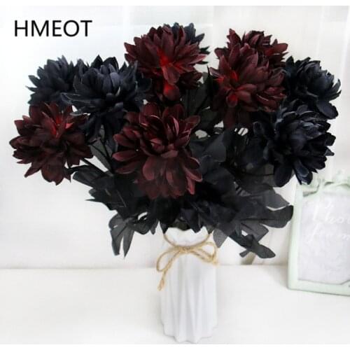 Burgundry Dahlia Black Artificial Flower Branch Wedding Flower Wall Arrangement Materials Halloween Fake Flower Table Home Decor