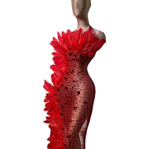 Designer Crystal See Through Mesh Mermaid Dress Women Red Perspective Party Feathers Dress Singer Stage Wear Evening Long Dress