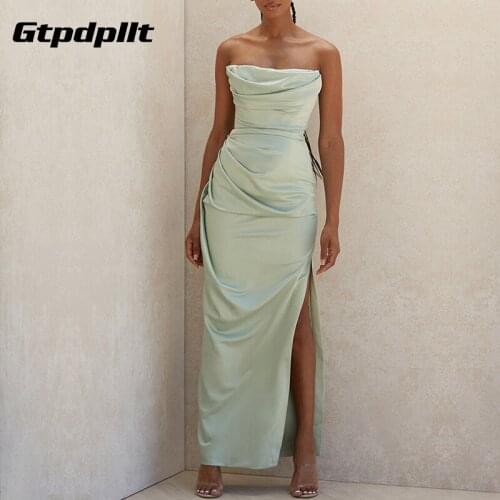 Gtpdpllt High Quality Stain Long Dress For Women Sexy Christmas Party Vestidos Woman Dresses Strapless Split Bodycon