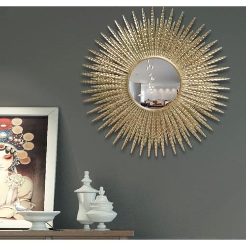 Luxury Wrought Iron Gold Sunflower Decorative Mirror Wall Decor Craftswork Restaurant Home Livingroom Wall Hanging Ornaments Art