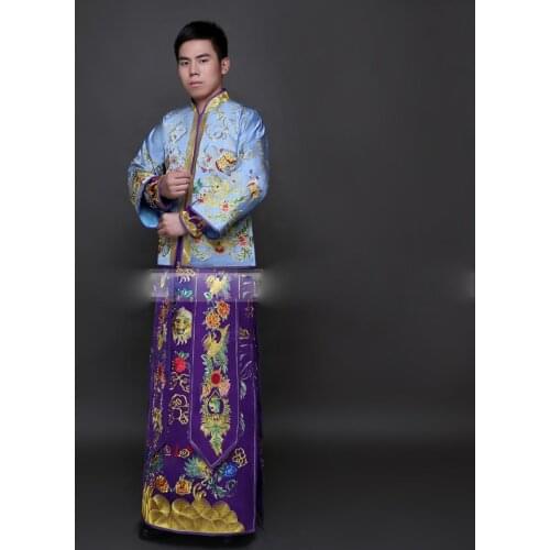 Chinese traditional wedding Uniform Man Clothing groom Gown Robe Show Cosplay Prince Blue Suits Traditional young master Costume