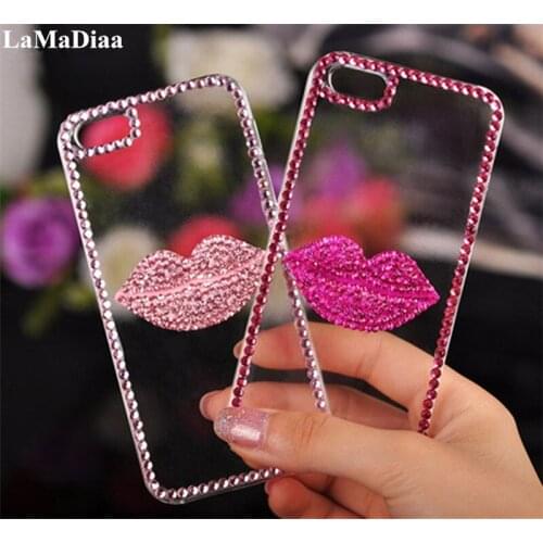 LaMaDiaa Case For SamsungS6 S7 S8 S9 S10 S11 Plus Lite Note5 8 9 10 Plus Case Luxury Cover Bling Rhinestone Pink Lips Case Cover