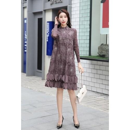 HOT SELLING Miyake fold long sleeve fashion stand collar Ruffle Straight dress IN STOCK
