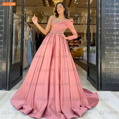 Fashion Hot Pink Prom Dresses Long Sleeves 2021 Robe De Bal Femme Longue Satin Beaded vestido de fiesta de boda Wome Party Gowns