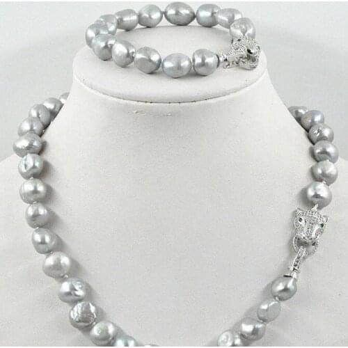 Beautiful NEW 11-12mm south sea gray baroque pearl necklace bracelet set leopard Clasp