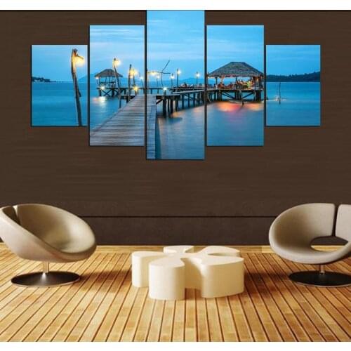 OKHOTCN Modern Canvas Art Wall Framed Living Room Home Decor 5 Pieces Boardwalk Bridge Seaview Painting HD Print Modular Poster