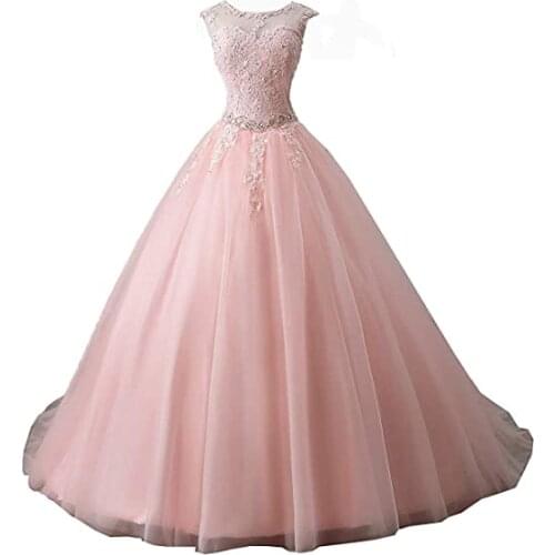 ANGELSBRIDEP Sheer Neck Quinceanera Dresses Masquerade Gowns Formal Applique Crystal Tulle Princess Birthday Party Gowns