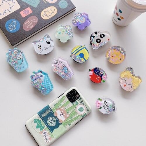 Mobile phone holder glitter flower cartoon mobile phone case holder quicksand soft desktop holder