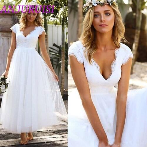 ANJURUISI 2020 Simple Short Wedding Dresses Lace V Neck A Line Cap Sleeves Wedding Bridal Gowns White Tulle vestido de noiva