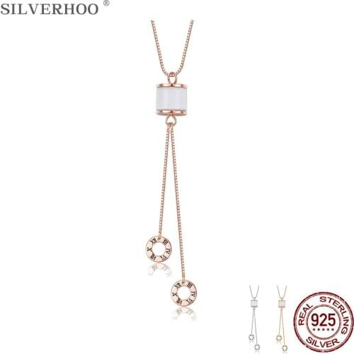 SILVERHOO S925 Sterling Silver Ceramic Pendant With Double Circle Women Necklace Long Lady Zircon Chains Classic Fine Jewelry