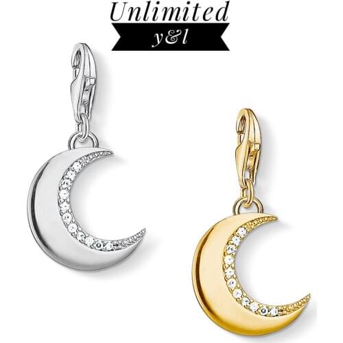 Gold/Silver Color Moon Charms 925 Sterling Silver White CZ DIY Fashion Good Jewelry Fit Thomas Style Bracelet Women Men 2019 New