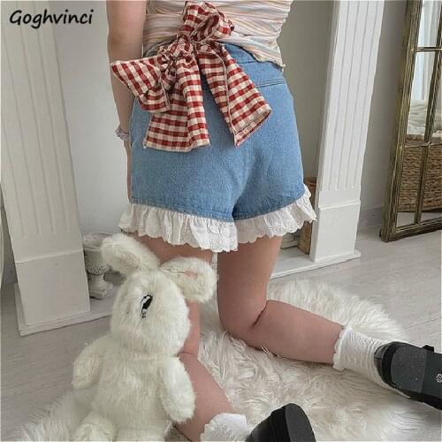 Shorts Women Denim Lace-patchwork Sweet Slender Bows Harajuku Casual All-match Girls Wide Leg Summer High Waist Ins Kawaii New