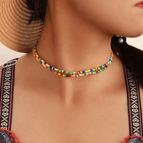 Trending Fashion Double Layers Colorful Acrylic Beads Choker Necklace for Women Vintage Bohemian Colar Chocker Jewelry Gift