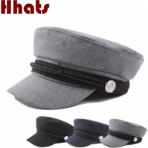 Warm Wool Military Hats For Women Girl Solid Flat Top Winter Baseball Cap Vintage Female Army Hat Fashion Navy Sailor Cap Bone