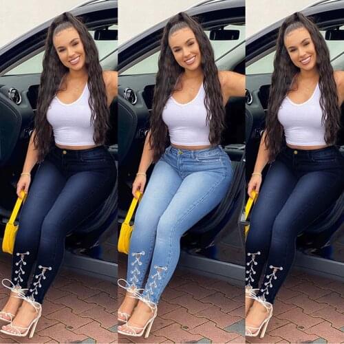 Lace Up Jeans Women Spring 2021 Fashion Sexy Butt Lift High Waist Stretch Skinny Denim Pencil Pants Lady Vintage Dark Blue Jeans