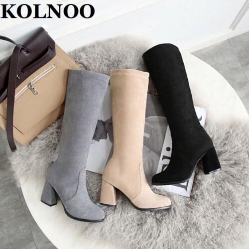 KOLNOO Handmade Womens 7.5cm Chunky Heels Mid-calf Boots Party Prom Half Boots Evening Winter Three Colors Fashion Short Shoes